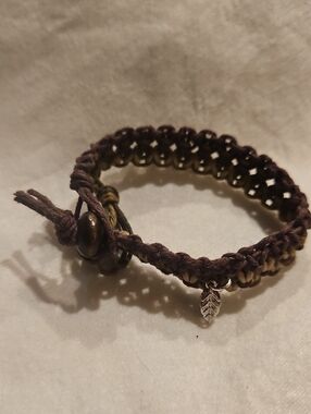 Handmade Braided Bracelet with Leaf Charm - Brown & Olive